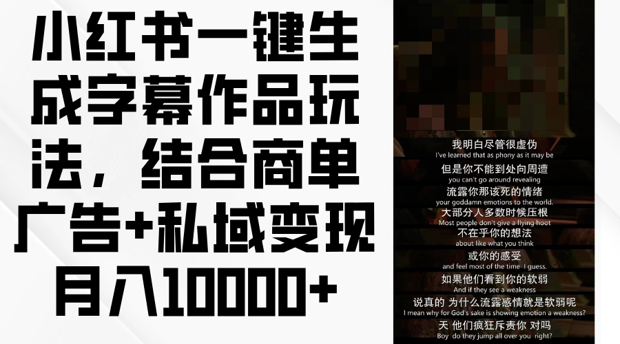 小红书一键生成字幕作品玩法，结合商单广告+私域变现月入10000+ 第1张