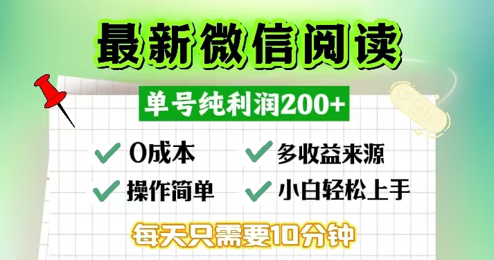 微信阅读最新玩法，每天十分钟，单号一天200+，简单0零成本，当日提现